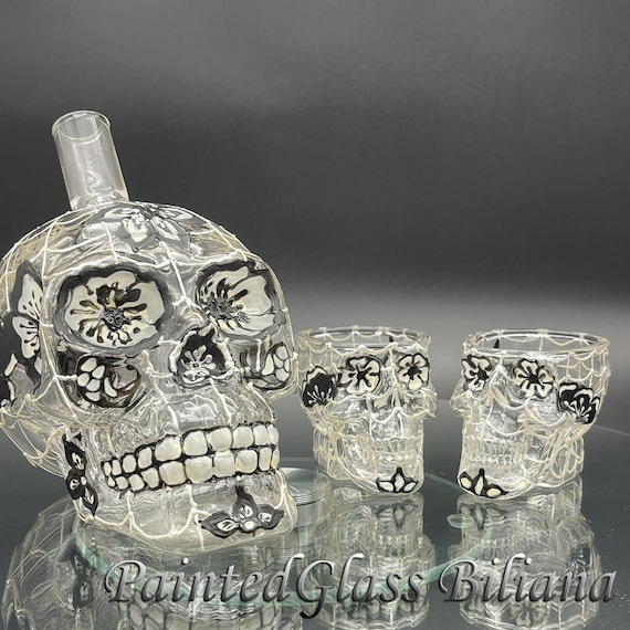 Hand painted Sugar Skull Glass bottle in black and white color Day of the Dead  Día de Muertos