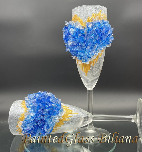 Free shipping Sapphire Blue heart geode wedding flutes
