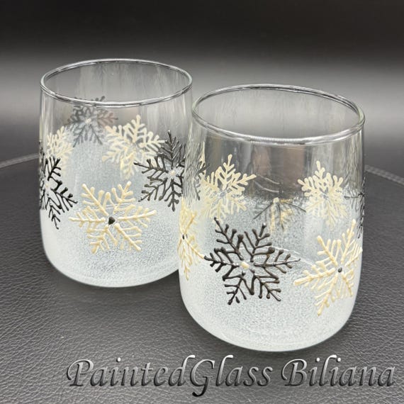 Hand Painted White silver Snowflake Stemless Wine Glasses: Winter Christmas Toasting Set
