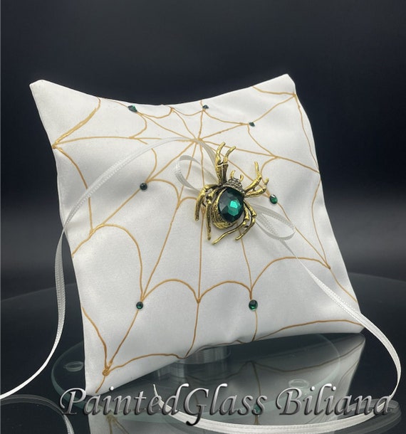 Emerald green Spider ring pillow, satin handmade hand painted ring pillow halloween theme