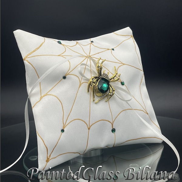 Emerald green Spider ring pillow, satin handmade hand painted ring pillow halloween theme