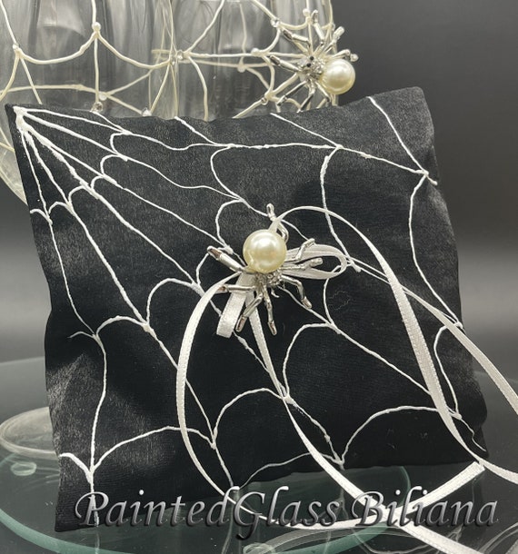 Spider web ring pillow, satin handmade hand painted ring pillow halloween theme