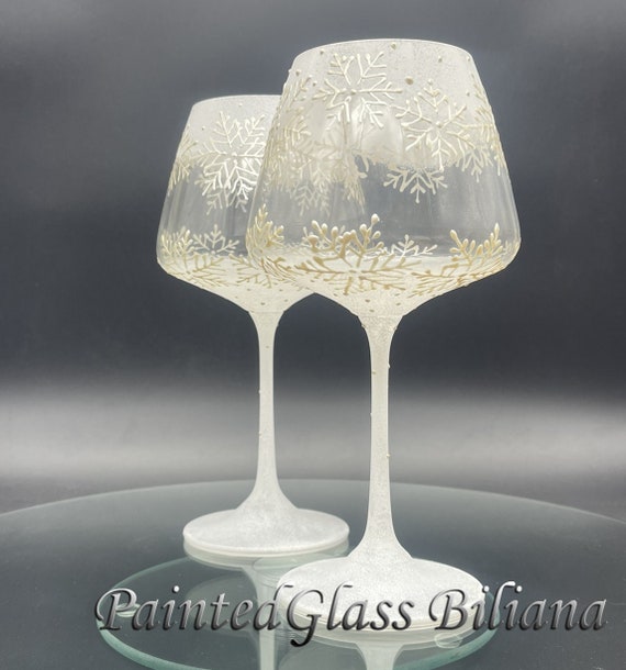 CRYSTAL SET of 2 Hand Painted wine toasting glasses Snowflakes Christmas Winter theme in pearly white color