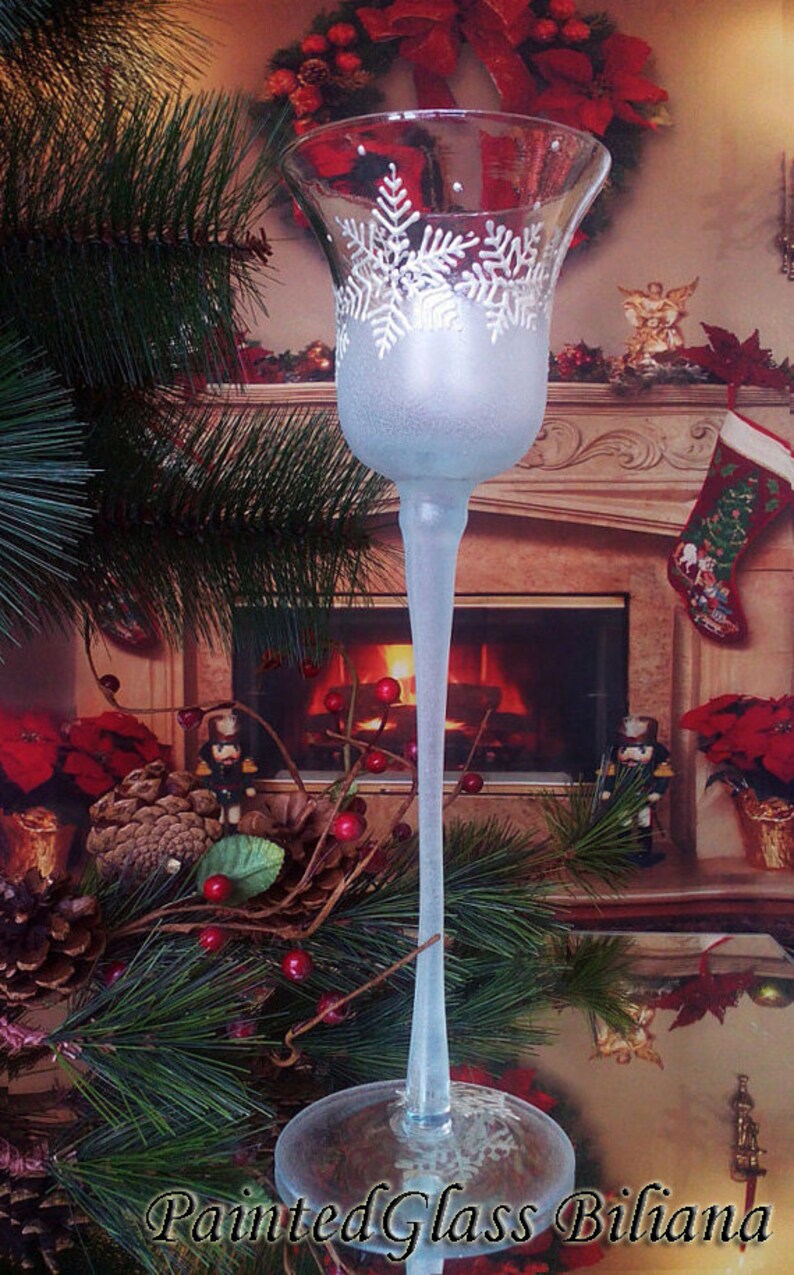 Christmas hand painted Candle holder Winter White snowflakes image 1