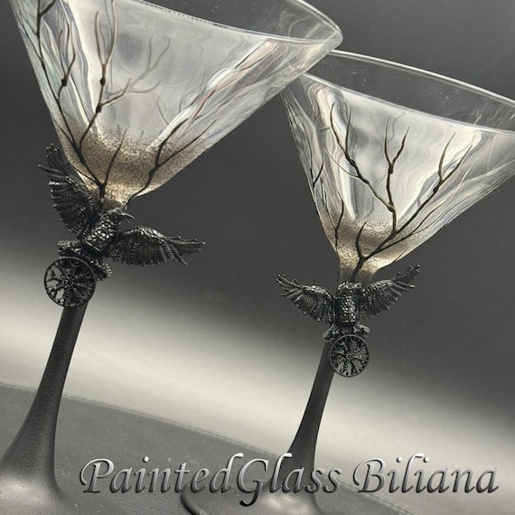 Black raven crow martini glasses
