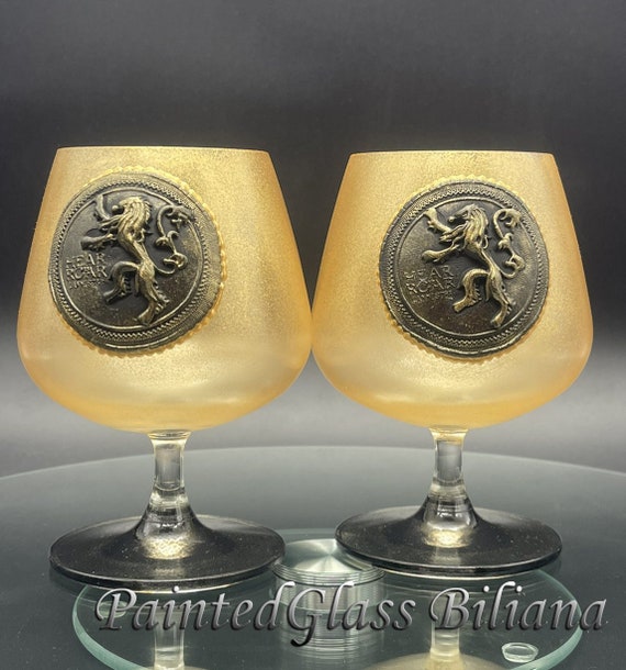 Game of thrones inspired Set handmade hand painted brandy whiskey glasses House Lannister