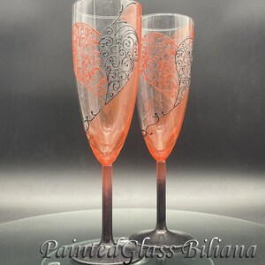 Red and black Wedding Glasses Champagne Flutes Set of 2 Lace Heart design image 4