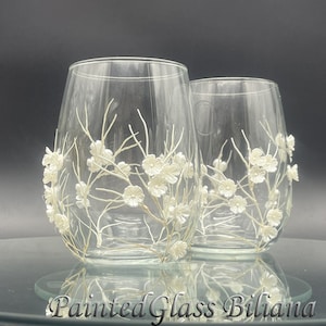 Set Sakura di 2 bicchieri da vino senza stelo dipinti a mano, motivo: fiori di ciliegio in bianco