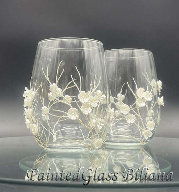 Sakura set of 2 Hand Painted stemless wine toasting glasses Cherry blossom  in white