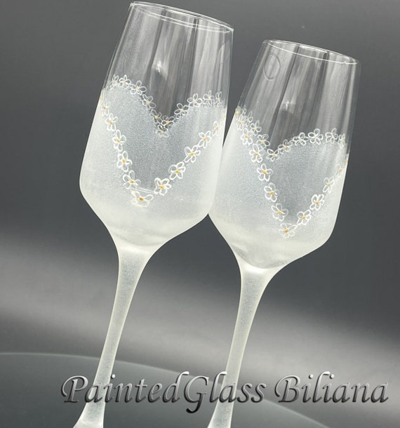 Wedding Glasses Heart Champagne Flutes Hand Painted Set of 2