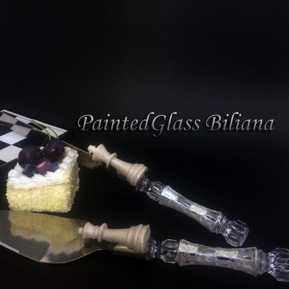 Chess King Queen cake server and knife, white cake serving set, 2 pcs