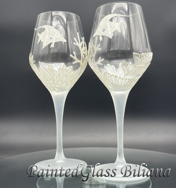 Set of 2 hand painted wine Beach sea glasses Coral reef