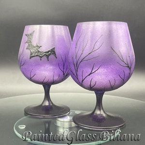 Set of 2 hand painted Halloween Bats purple brandy glasses
