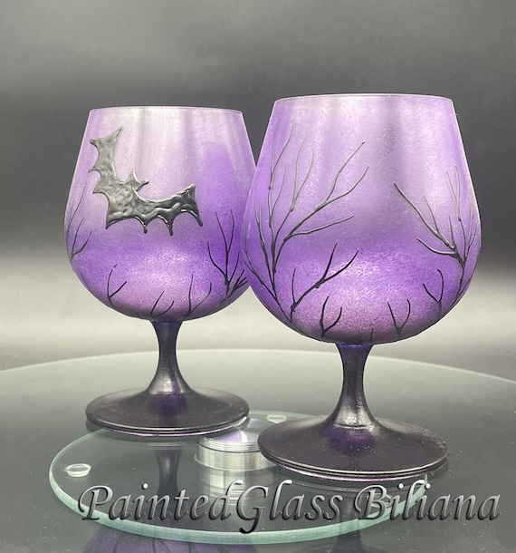 Set of 2 hand painted Halloween Bats purple brandy glasses