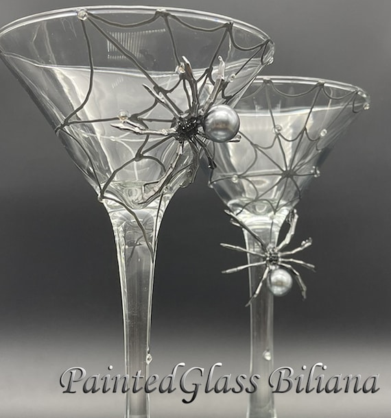 Dark silver Spider martini glasses, Halloween wedding theme