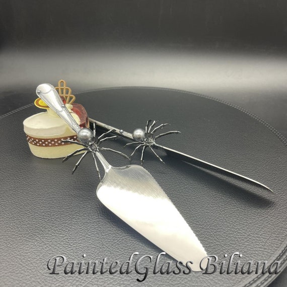 Silver spider cake serving set, halloween wedding theme