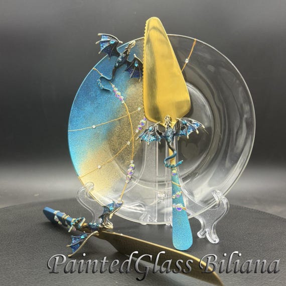 Hand Painted Blue Dragon Cake Serving Set with Crystals