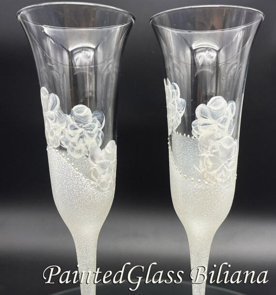 Set of 2  White rose wedding champagne flutes