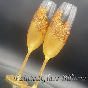 Autumn set of 2 hand painted wedding champagne flutes Maple leaf toasting glasses