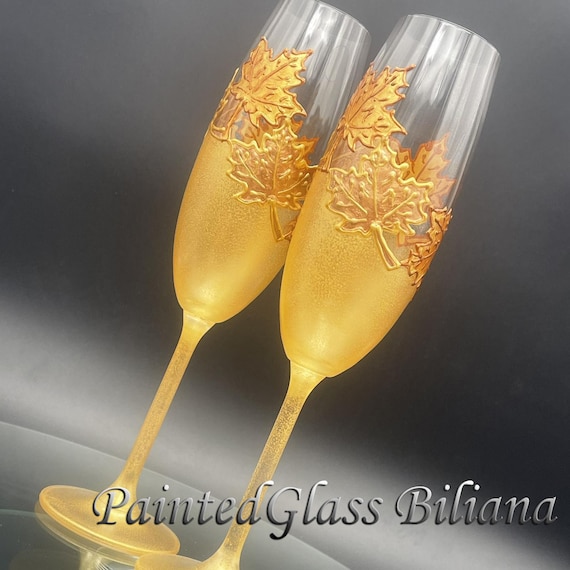 Autumn set of 2 hand painted wedding champagne flutes Maple leaf toasting glasses