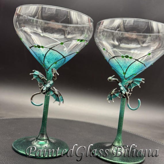 Green dragon martini glasses, Set of 2