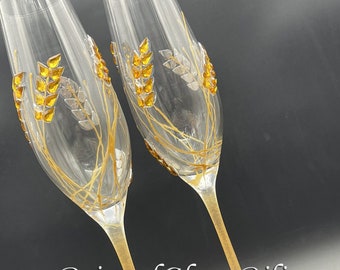 Set of 2 hand painted champagne flutes Autumn wedding theme Wheat Rye flutes wedding barn theme in gold color