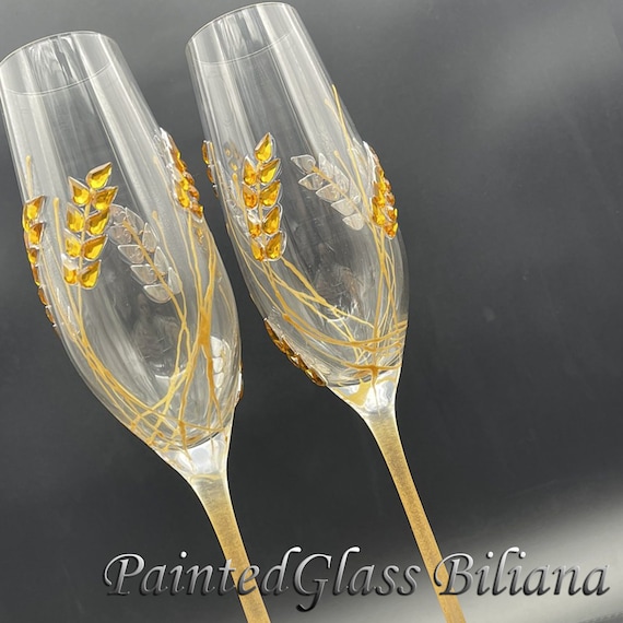 Set of 2 hand painted champagne flutes Autumn wedding theme Wheat Rye flutes wedding barn theme in gold color