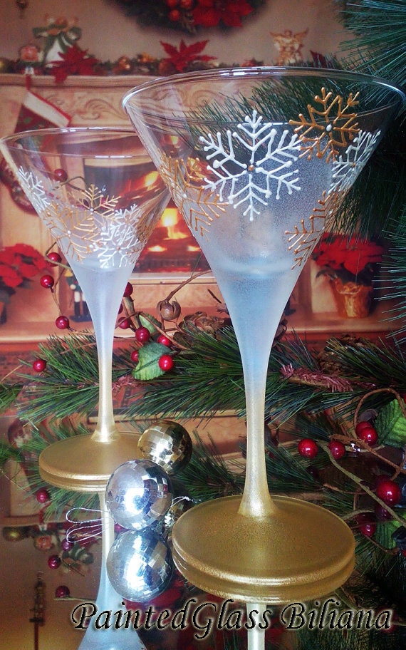 Set of 2 Winter Christmas hand painted martini glasses White Etsy
