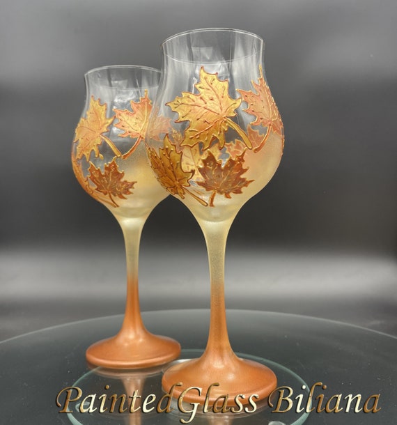 Autumn set of 2 Maple Leaves toasting glasses in gold and copper color