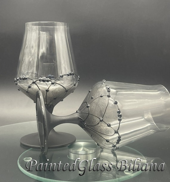 Black hand painted wine glasses, set of 2