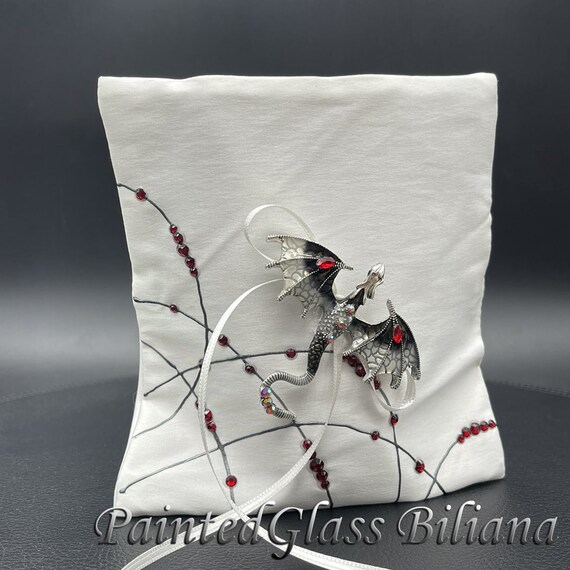 Black dragon ring pillow, satin handmade hand painted ring pillow
