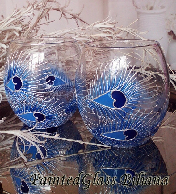 Set of 2 hand painted whiskey glasses Peacock feather in white and blue color
