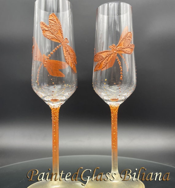 CRYSTAL SET of 2 hand painted wedding champagne flutes Dragonflies in copper and gold color
