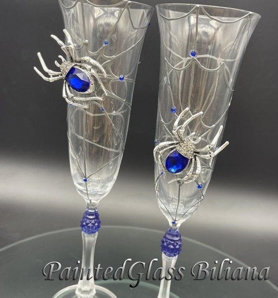 Blue spider wedding champagne flutes, Halloween wedding theme