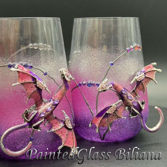 Purple dragon stemless wine glasses hand painted, Set of 2