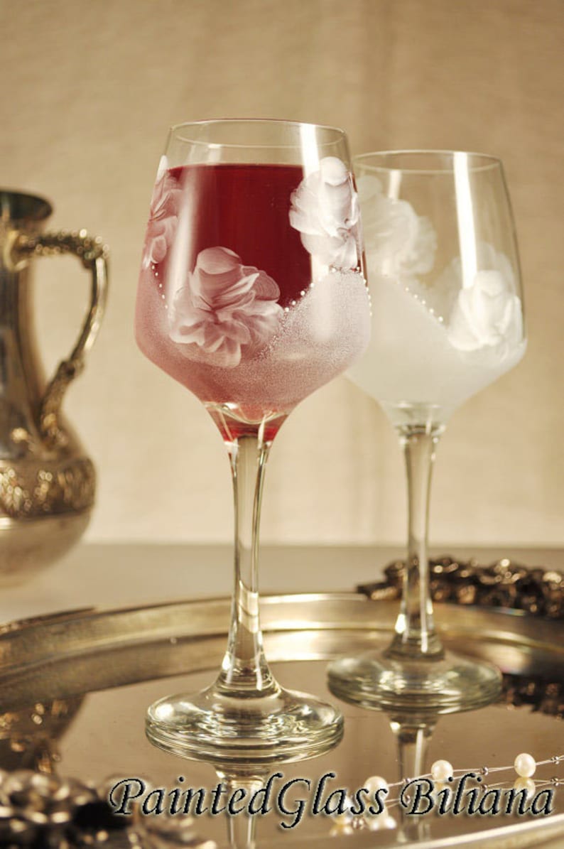 Set of 2 Hand Painted Beautiful Wine Glasses White Rose Etsy