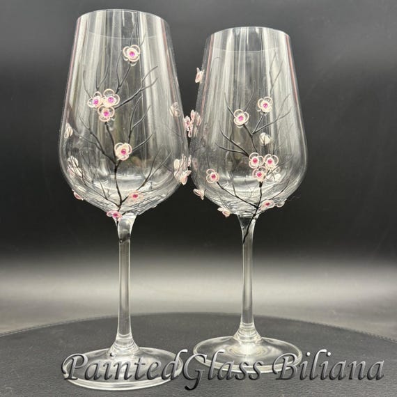 Sakura set of 2 Hand Painted wine toasting glasses Cherry blossom