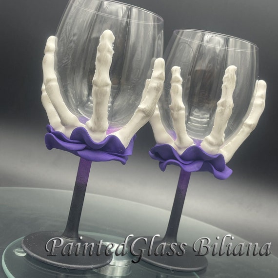 Set of 2 hand painted decorated Wine glasses Black and purple Rose Skeleton Halloween wedding favor