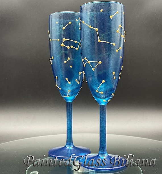 Constellations Set of 2 hand painted wedding champagne flutes Night sky personalized toasting glasses in blue and gold color