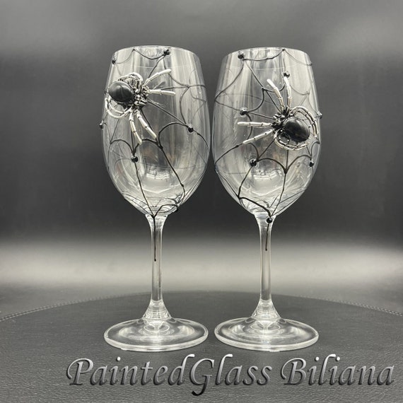 Black Spider wine glasses, Halloween wedding theme