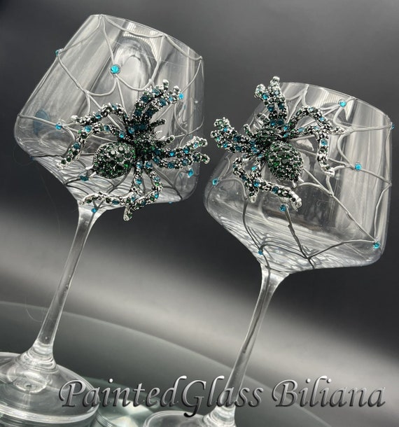 Dark silver turquoise spider wine glasses