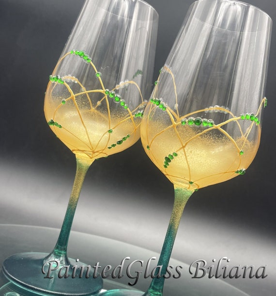 Gold green hand painted tall wine glasses, set of 2