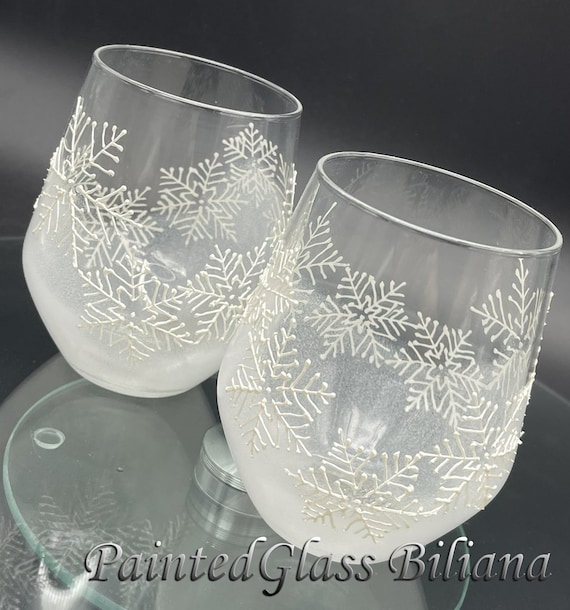 Set of 2 Hand Painted stemless wine toasting glasses Snowflake Christmas Winter theme in pearly white color
