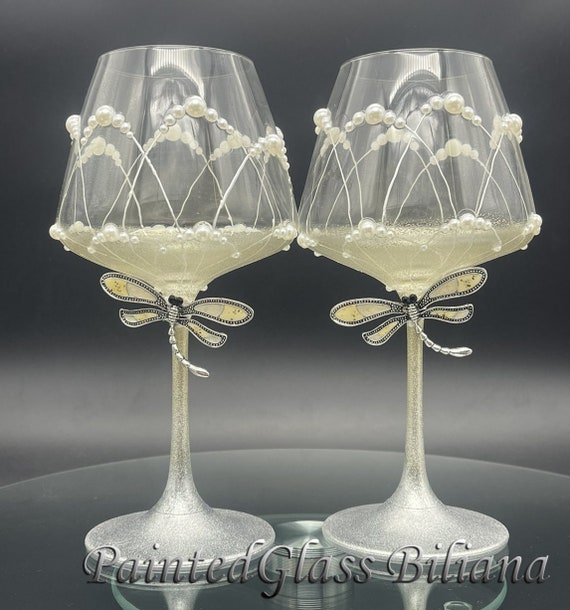 Set of 2 Hand Painted stemless wine glasses White dragonflies