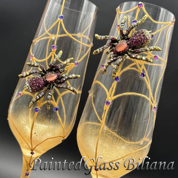 Gold purple crystals spider wedding champagne flutes, Halloween wedding theme