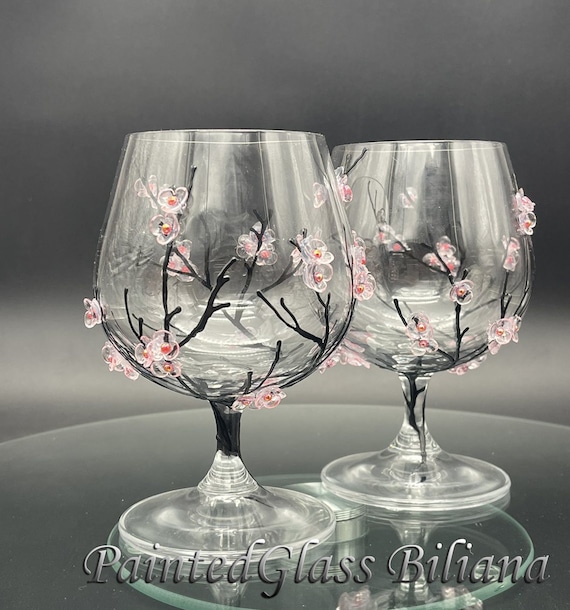 Sakura crystal set of 2 Hand Painted brandy cognac whiskey glasses Cherry blossom theme