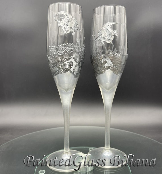 Coral reef Wedding Glasses Champagne Flutes Set of 2 Beach Sea wedding theme in silver color