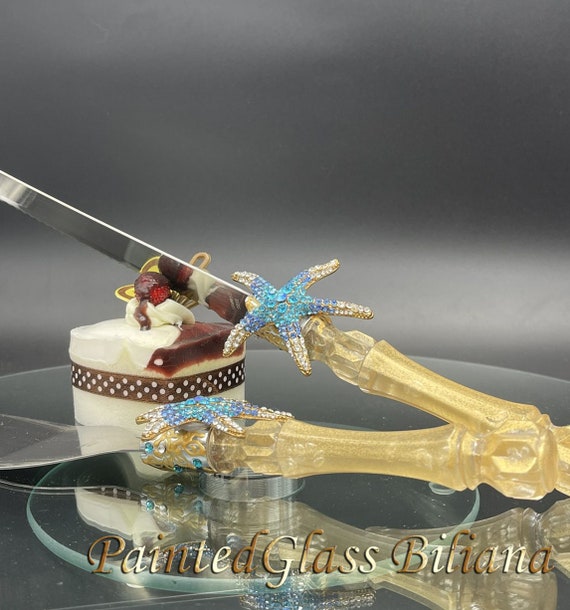 Starfish cake serving set, beach sea wedding theme, gold blue color