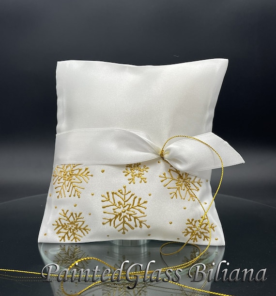 Gold snowflakes winter wedding ring pillow