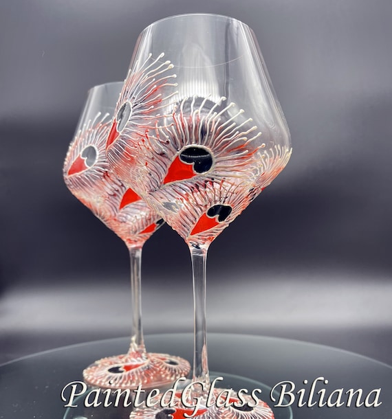 CRYSTAL SET of 2 Hand Painted wine glasses Red black peacock theme